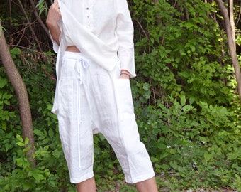 White Linen Pants, Linen Crop Pants, Linen Baggy Pants, Linen Harem Pants, Linen Shorts, Linen Clothing, Drop Crotch Pants, Wide Leg Pants