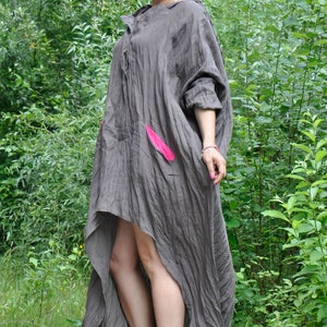 Linen Shirt Dress, Linen Hooded Dress, Maxi Linen Dress, Gray Dress, Linen Clothing, Linen Kaftan, Plus Size Linen Dress, Asymmetric Dress