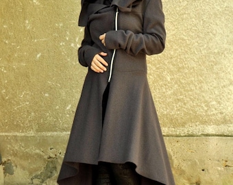 Black Wool Maxi Cardigan, Asymmetrical Zip, Boho Hooded Coat