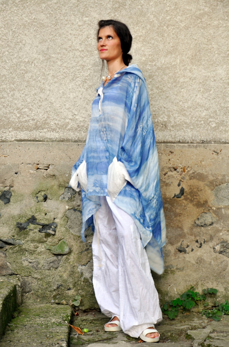 Linen SETWhite loose pants and blue cotton silk tunicmaxi setWoman summer plus size tunic and pantsLinen pantsBlue maxi tunicS0240
