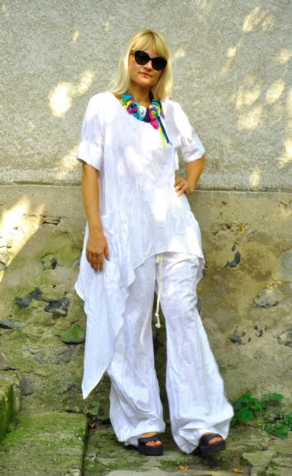 Pure Silk Button Down Tunic Top Pants Set – dawnbacchus.com