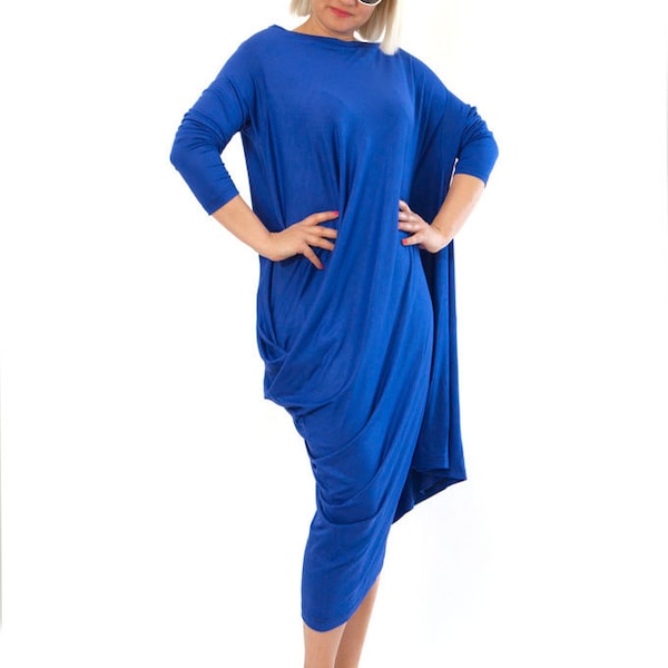 Blaues Kleid, Kaftankleid, langes Kleid, Winterkleid, Plus-Size-Kleidung, Langarmkleid, extravagantes Kleid, asymmetrischer Kaftan, drapiert