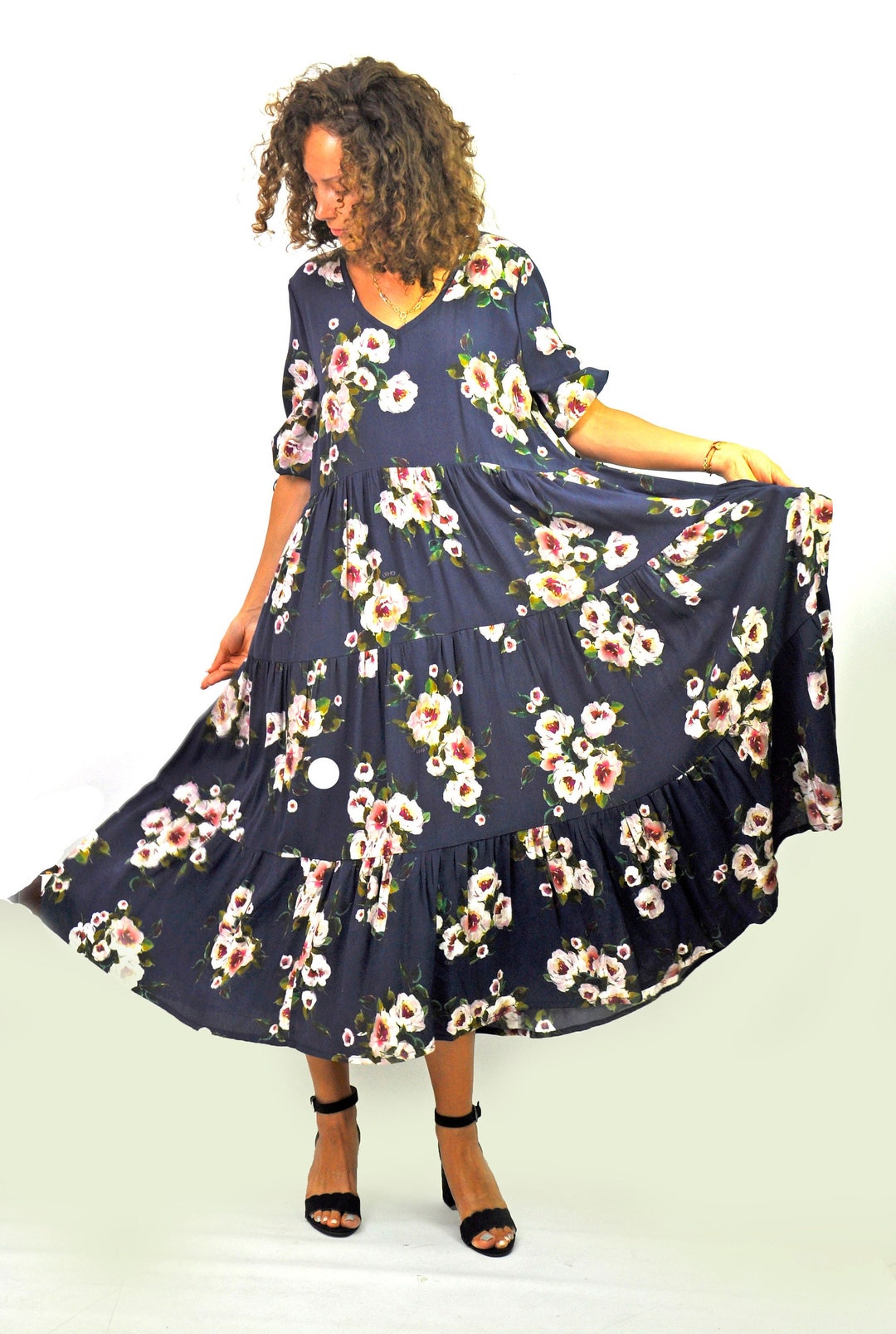 Big Flowers Elegant Day Dress Wide Maxi Kaftan Dress Plus Etsy