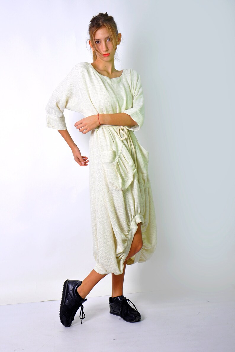 Robe ample en lin ivoire, robe longue avec poches, robe douce de style minimaliste pour femme, robe de soirée en lin, robe grande taille, vêtements en lin image 7