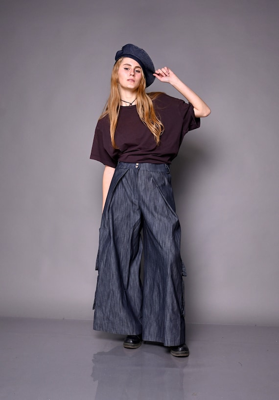 Denim Palazzo Pants, Wide Leg Trousers, High Waisted Pants Denim Palazzo Pants, Wide Leg Trousers, High Waisted Pants
