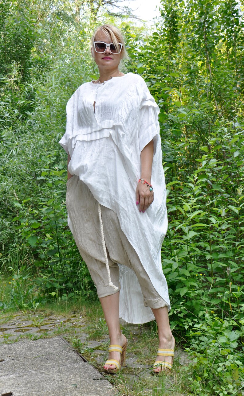Organic Linen Outfit, Flowy Top and Harem Pants, Plus Size Summer Set image 3