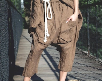 Light Brown Linen Harem Pants, Elastic Waist and Drop Crotch with Patch Pockets