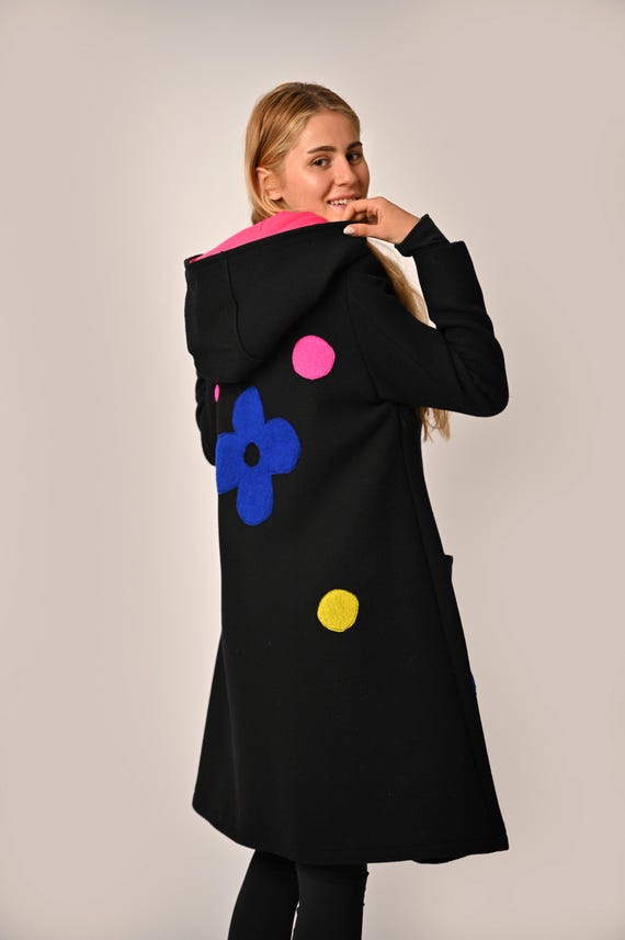 Abrigo de invierno negro con capucha, abrigo de lana merino