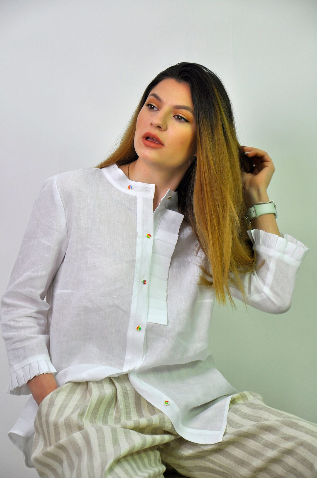 Linen White Shirt, Elegant White Linen Shirt With Band Collar, Formal