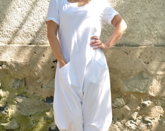 White Harem Jumpsuit Women, Oversized Cotton Romper, Plus Size Boho, Casual Summer Outfit