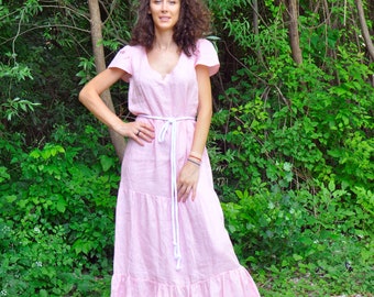 baby rose linen dress, summer maxi linen dress, romantic linen dress, barbie linen dress, short sleeve long linen dress, blush pink dress