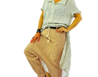 Linen Harem Pants, Beige Drop Crotch Elastic Waist