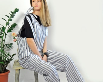 Linen Jumpsuit Striped, Women's Jumpsuit, Linen Overall, Plus Size Fashion, Dungarees Clothing, Wide Leg Jumpsuit, Apron for Women