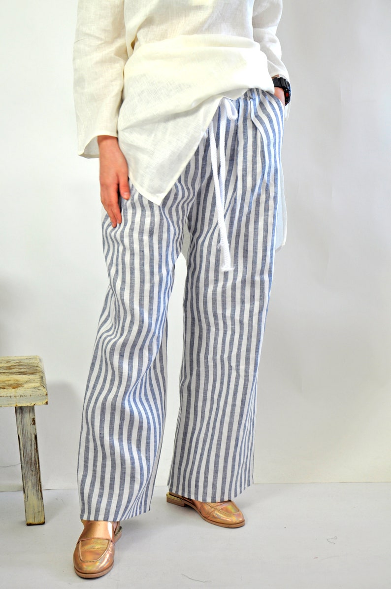 Linen Stripe Pants, Linen Pants, Wide Leg Pants, Women Pants, Linen Clothing, Summer Linen Pants, Beach Linen Pants, Long Pants, Relaxed image 1