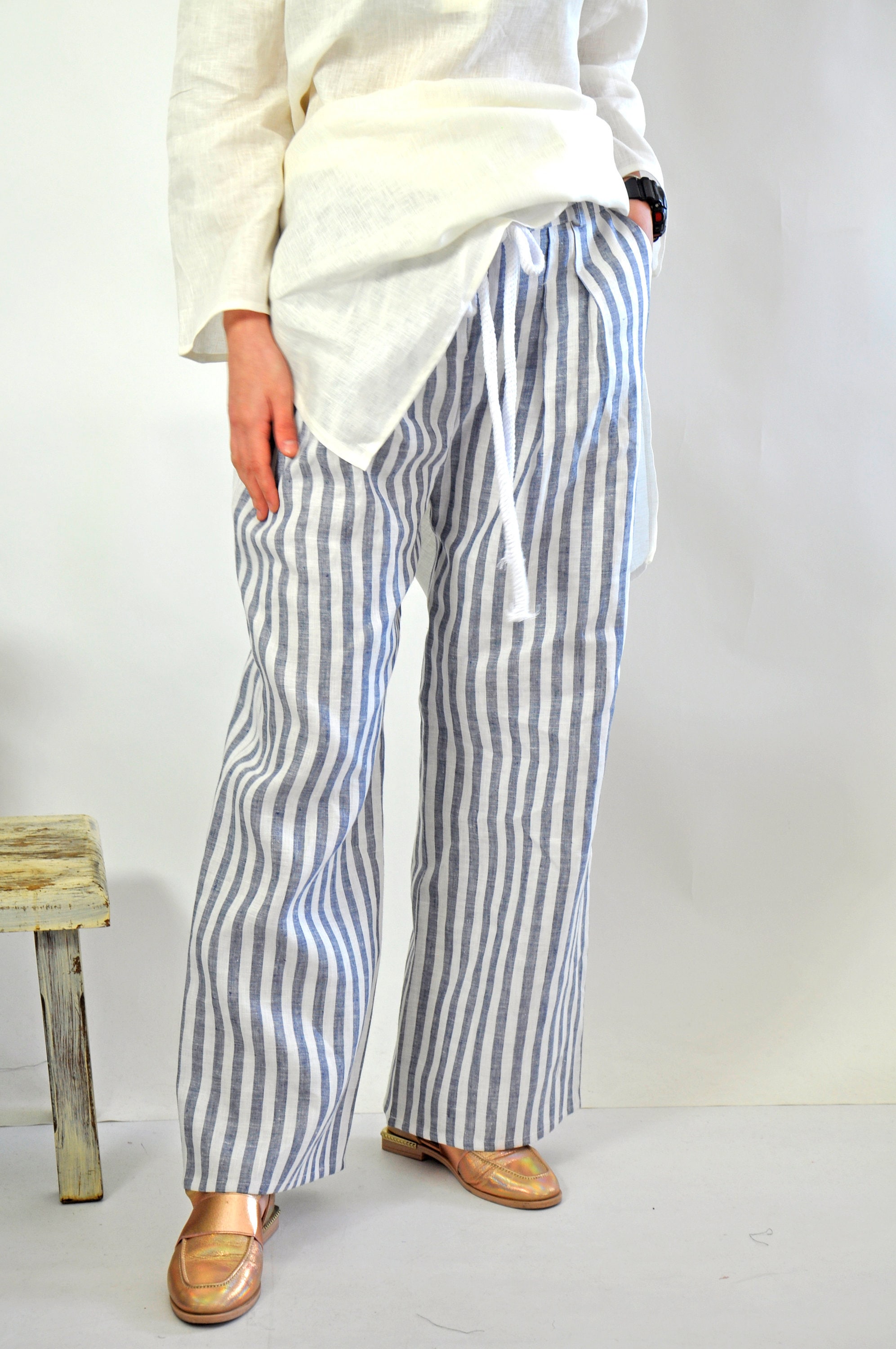 Linen Stripe Pants, Linen Pants, Wide Leg Pants, Women Pants