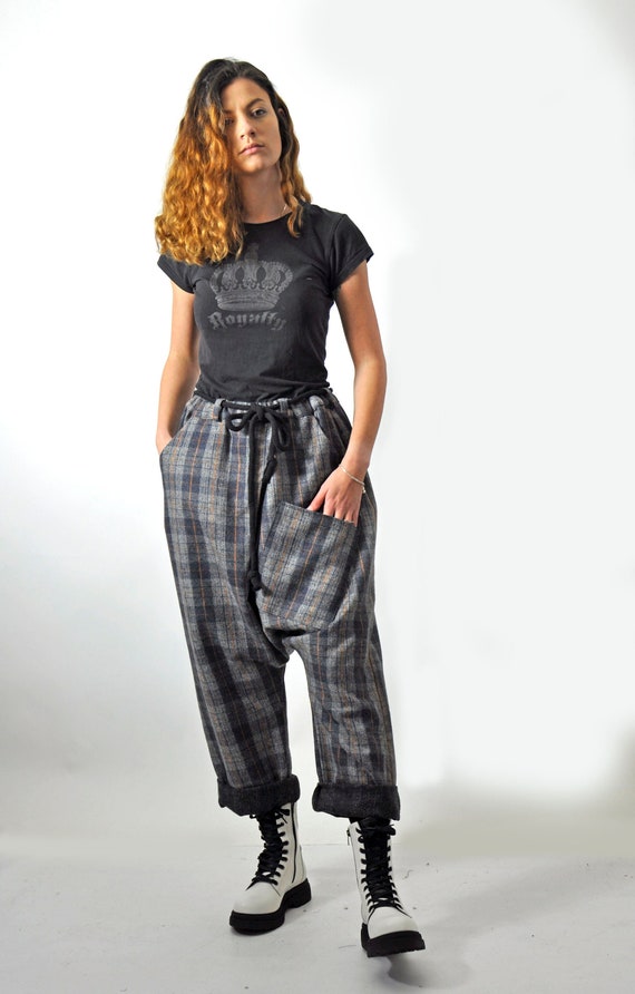 Wool Harem Pants, Tartan Trousers, Plaid Pants for Women, Winter