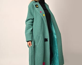 Green Wool Coat, Long Winter Overcoat, Handmade Plus Size