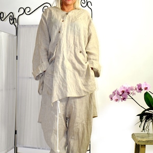 Linen Tunic And Pants Set, Linen Clothing, Linen Pants Set, Linen Kaftan Set, Linen Outfit For Women, Loose Linen Shirt Set, Harem Pants Set