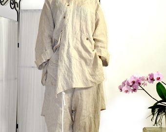 Natural Linen Two Piece Set, Asymmetric Button Shirt and Elastic Waist Pants, Relaxed Lagenlook Outfit