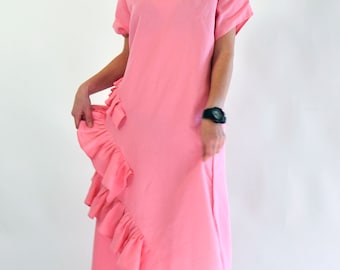 Rose Linen Dress, Barbie Linen Dress, Ruffle Dress, Linen Clothing, Plus Size Linen Dress, Shift Dress, Maxi Linen Dress, Long Dress D0120