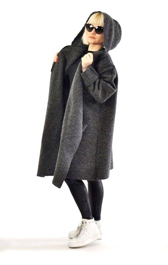 Gray Wool Coat with Hood and Belt, Everyday Fall Winter Coat, Minimalist Casual Women’s Wool Coat with Pockets, Grey Casual Coat, Maxi Coat
