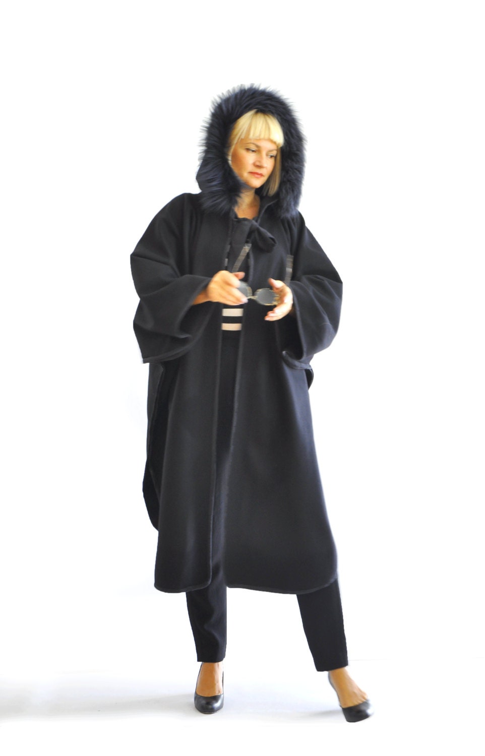 Maxi Black Wool Cape Coat Cloak/Extravagant Hooded Cape/Woman Etsy