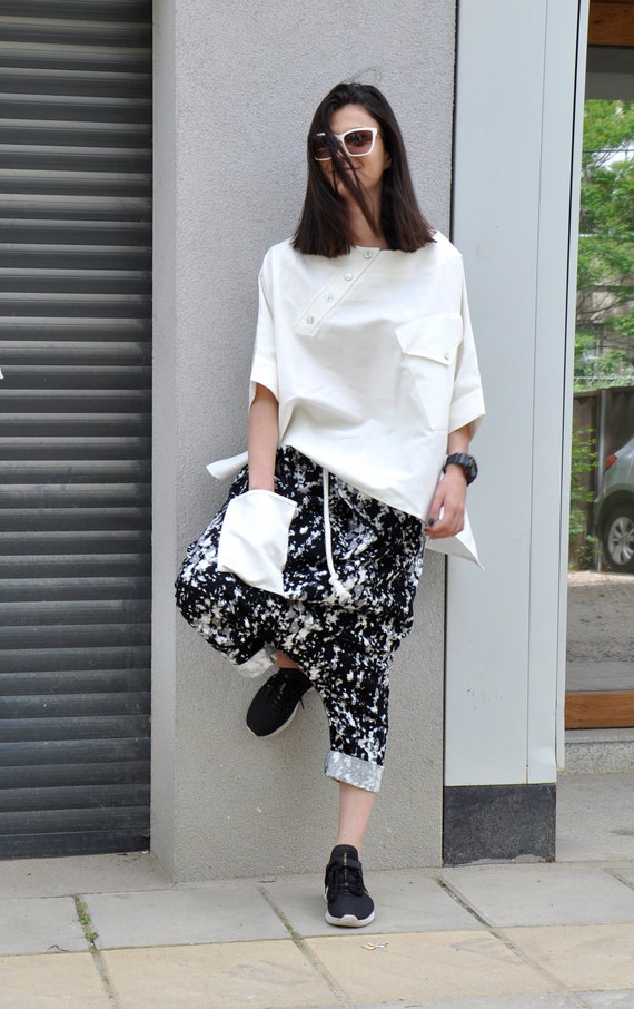 Black White Capri Pants Low Crotch Pants Plus Size Winter Pants Streetwear Baggy Pants Plaid Woman Pants Painted Woman Trousers Etsy UK
