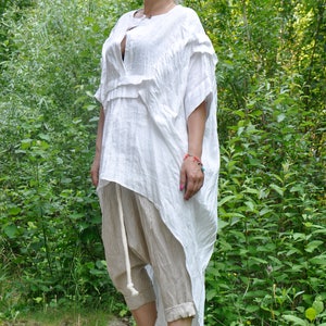 Organic Linen Outfit, Flowy Top and Harem Pants, Plus Size Summer Set image 2