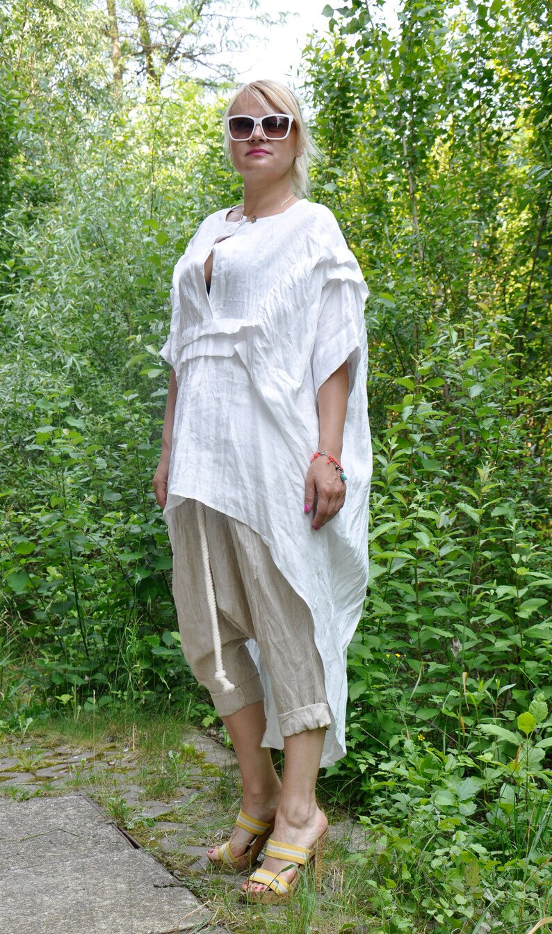Organic Linen Outfit, Flowy Top and Harem Pants, Plus Size Summer Set image 2