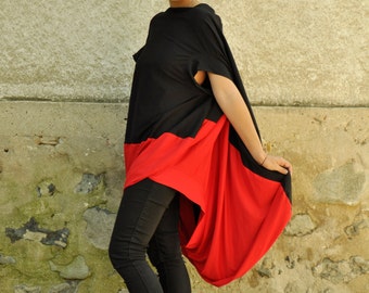 Túnica para mujer, talla grande, parte superior roja y negra, vestido extragrande de algodón y licra.