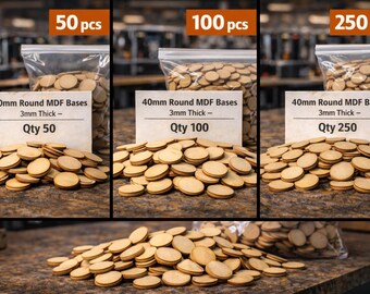 May include: Three sets of round MDF bases, 40mm in diameter and 3mm thick, are displayed. Each set is labeled with a quantity: 50, 100, and 250 pieces. The bases are light brown and arranged in piles.
