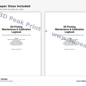 Puede incluir: Dos cuadernos blancos con el texto "3D Printing Maintenance & Calibration Logbook". Los cuadernos incluyen secciones para hojas de perfil de impresora, registro de impresión e inventario de filamentos.