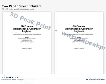 Könnte beinhalten: Zwei weiße Logbücher mit dem Text "3D Printing Maintenance & Calibration Logbook". Die Logbücher enthalten Abschnitte für Druckerprofilblätter, Protokolle und Filamentinventar.
