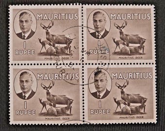 Mauritius 1950 KGVI 1 Rupee Sepia Gebraucht 4er Block Mauritius Hirsch SG 286 Gebunden CDS