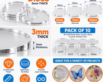 10 x clear acrylic discs 3mm thick round craft blanks 50mm 75mm 100mm