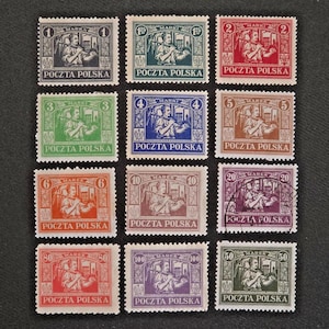 May include: A collection of vintage Polish postage stamps. Each stamp features a detailed illustration of a man working, framed by a decorative border. The stamps are in various colors, including green, red, and blue, and display the text "POCZTA POLSKA".
