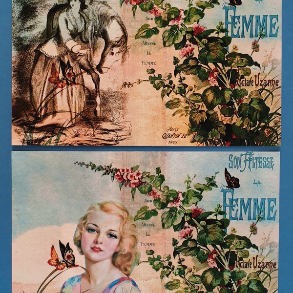 2 x Vintage French Shabby Chic Style Postcards Son Altesse La Femme (1885) 60K