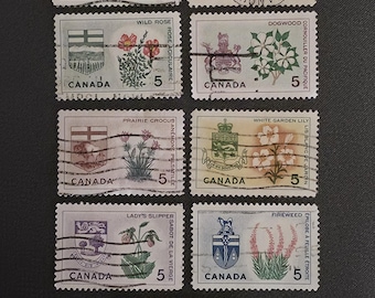 9 Vintage Canada Briefmarken Provincial Floral Emblems 1960er Jahre Gebraucht Porto Junk Journal Scrapbook Collage Decoupage Card Making
