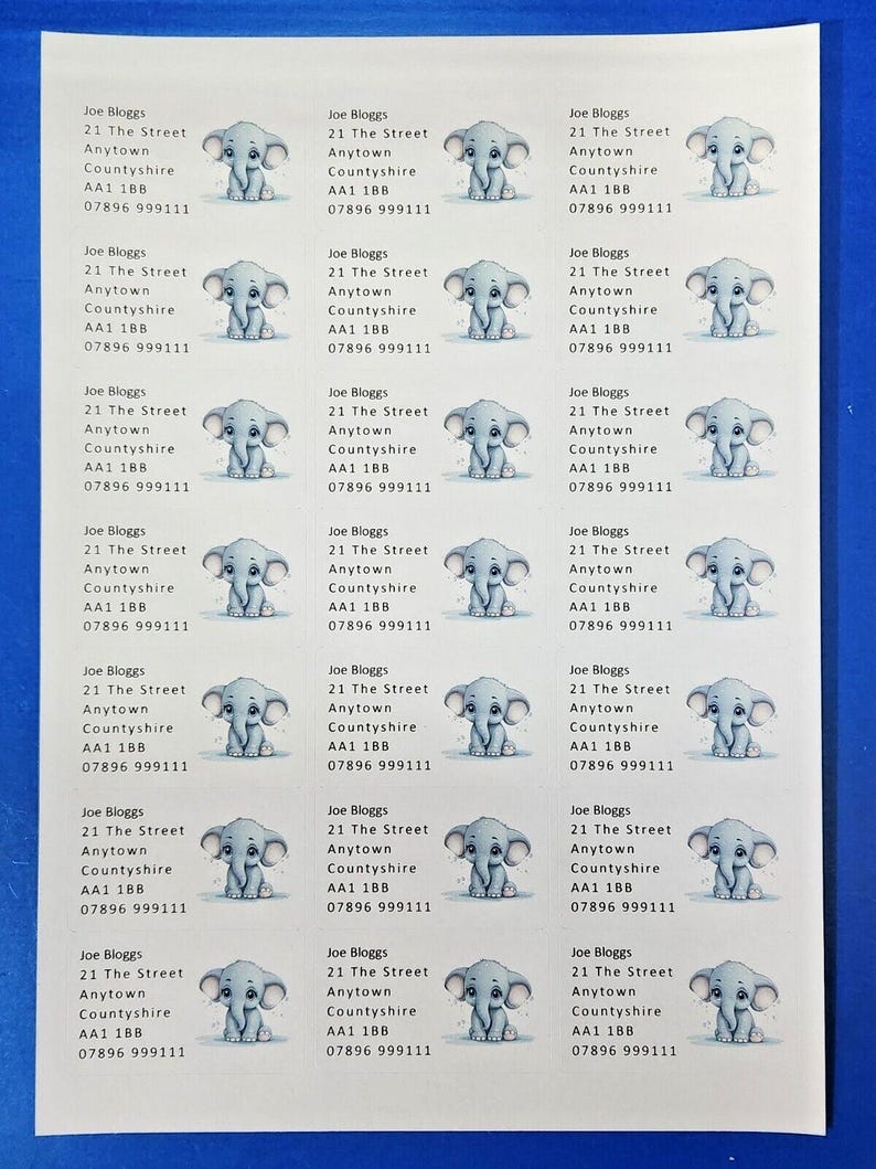 84 X Cute Baby Animals - Elephant Personalised Name & Address Labels ...