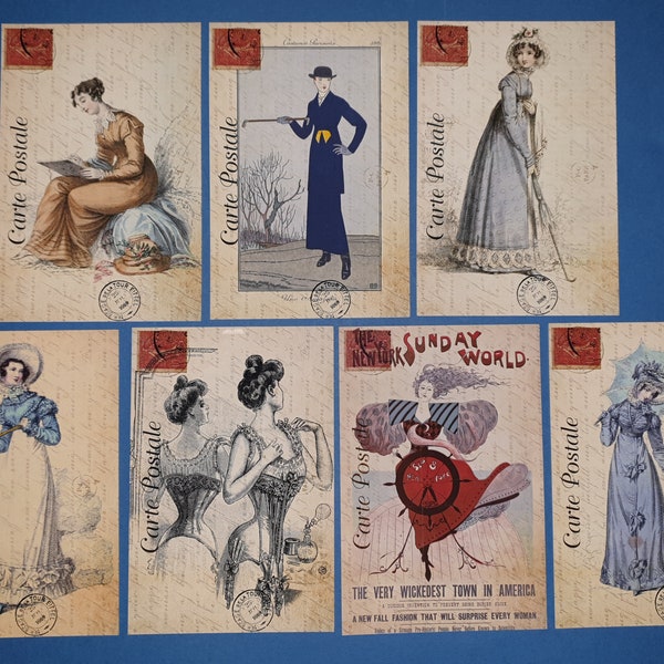 Set of 7 NEW Vintage Style Postcards, French Paris Fashion Dress Shabby Chic 76K