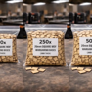 May include: Three clear plastic bags filled with small, square, light brown MDF wargaming bases. Each bag has a white label with black text indicating the quantity and size: 100x, 250x, and 500x, all 20mm square and 3mm thick.