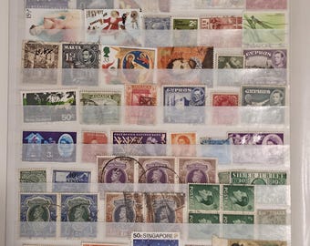 Vintage Commonwealth Stamps Lot - 62 Used Stamps for Junk Journals, Scrapbooking, Collage, Mixed Media Art - GB India Cyprus Malta Singapore