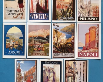 Cartoline, set di 11 NUOVI splendidi poster di viaggio vintage italiani riproposti 70O