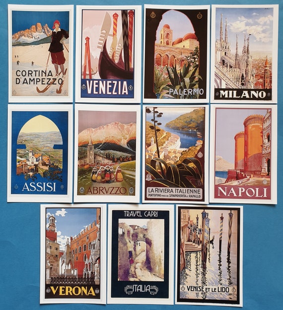 Cartoline, set di 11 NUOVI splendidi poster di viaggio vintage italiani  riproposti 70O -  Italia