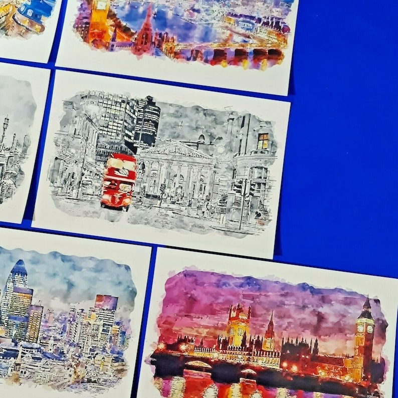 Set of 10 New Glossy Art Postcards, London in Watercolour XL4 image 4