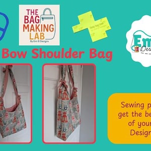 May include: A Side Bow Shoulder Bag with a red and gray pattern, displayed in two images. The bag has a bow detail on the straps. The image also includes the text "The Bag Making Lab" and "EmiB Designs".