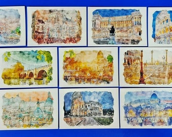 Set mit 10 neuen glänzenden Kunstpostkarten, Rom Roma in Aquarell XL5