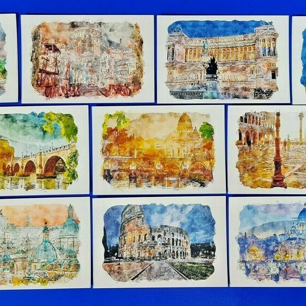 Set of 10 New Glossy Art Postcards, Rome Roma in Watercolour XL5