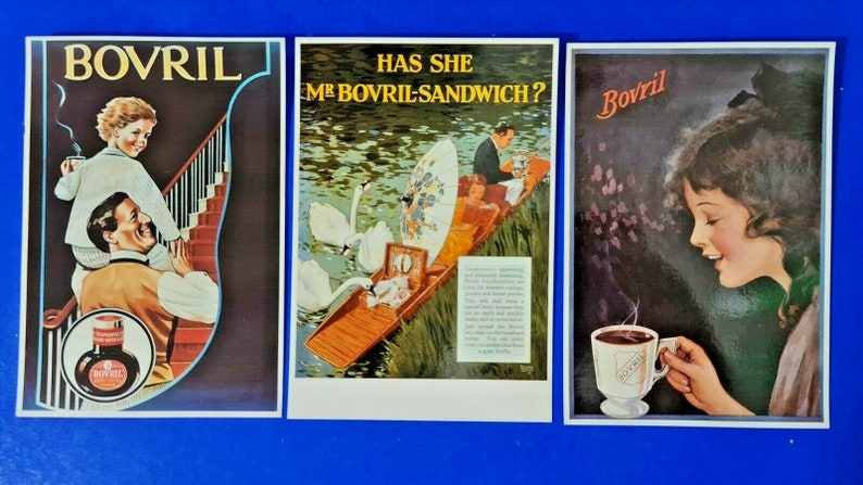 Set of 3 Vintage Reproduction BOVRIL Advertising Postcards by Mayfair Cards