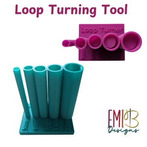 May include: A teal loop turning tool set with the text "Loop Turning Tool". The set includes multiple cylindrical tools of varying diameters, labeled with measurements in millimetres. A separate pink tool is also included, labeled "Loop Turner".